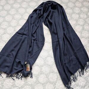 NWT 100% Cashmere Shawl Wrap Scarf Navy Blue – Embroidered Logo
